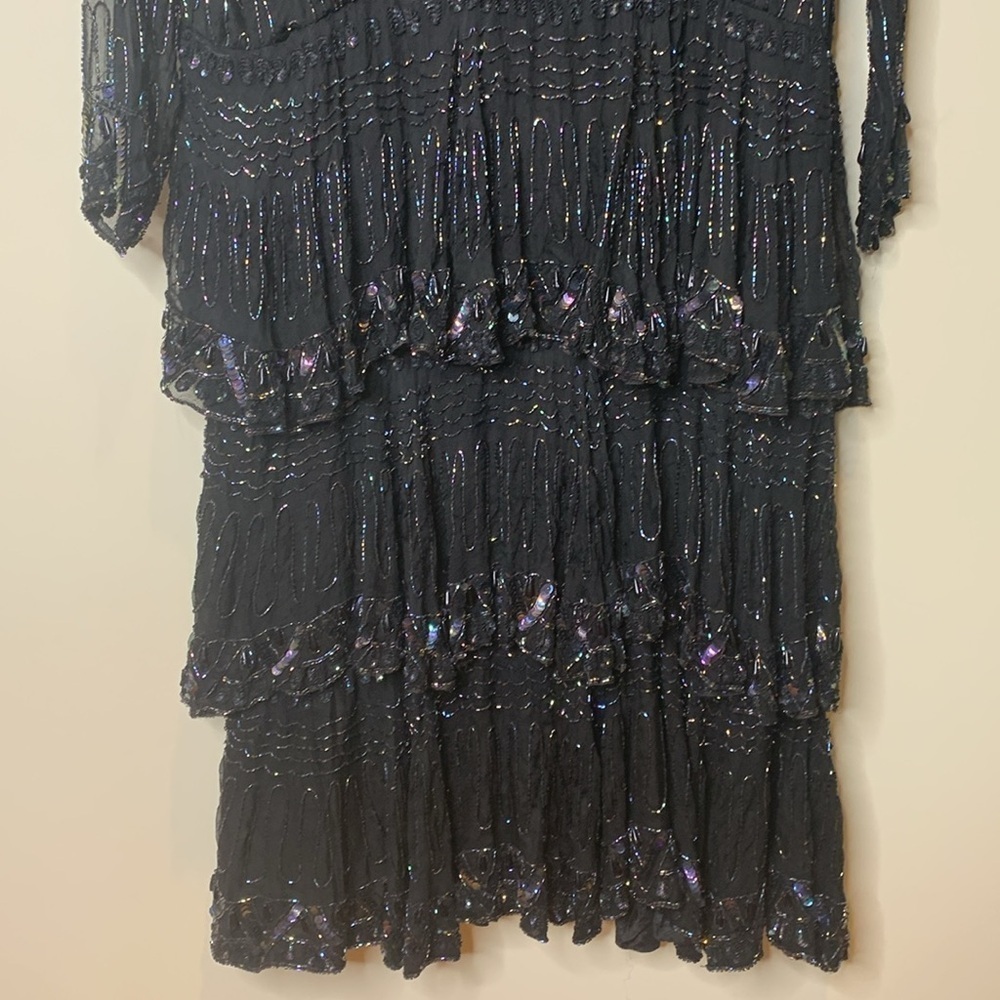 Vintage India Silk Black Beaded Sequin Cocktail Tiered Ruffle Art Deco Dress L - Picture 12 of 15